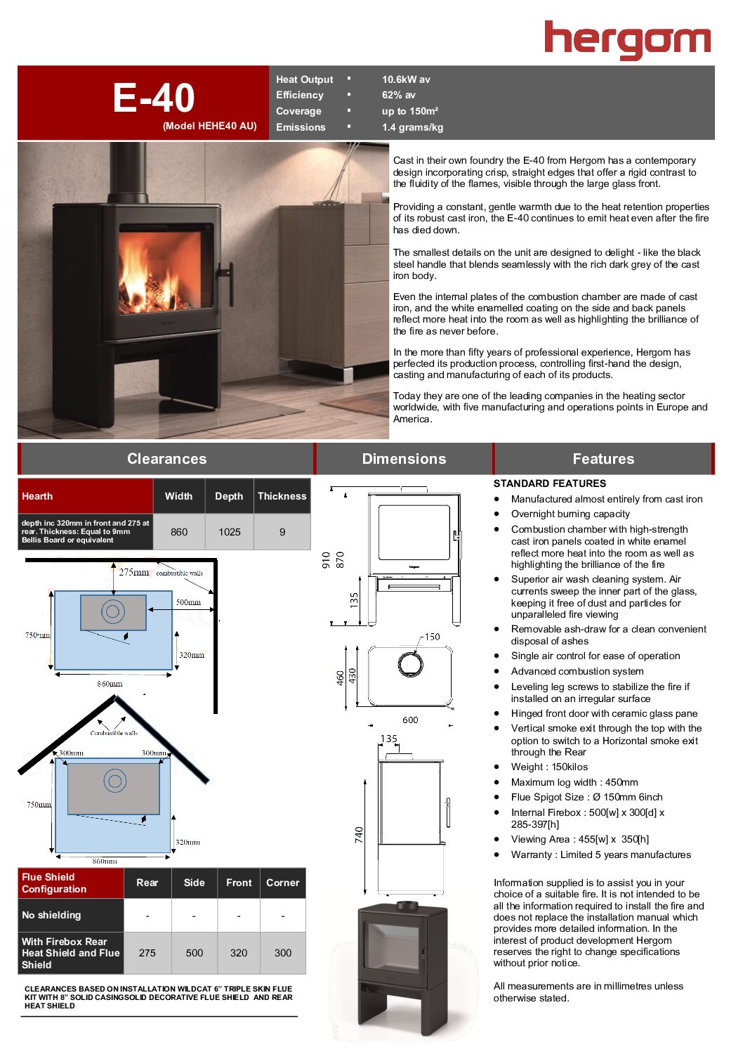 Hergom - Wood Heater - E-40 F/S - 180m2 - Includes Heat Shield - Image 2
