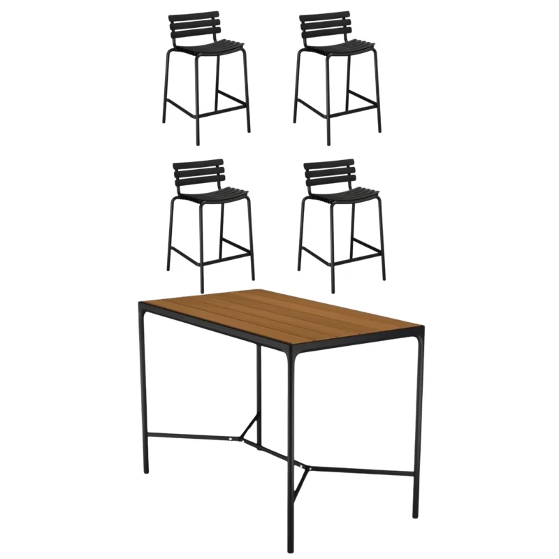 Houe - Four Square Bamboo/Black Bar Table (160cm) with 4 ReClips Bar Chairs - Black