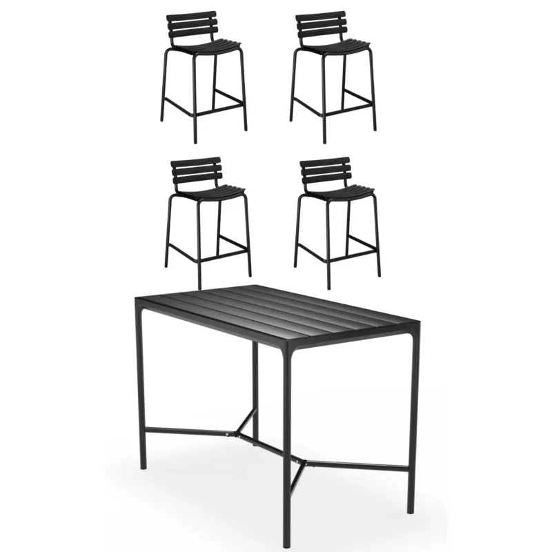 Houe - Four Square Black Bar Table (160cm) with 4 ReClips Bar Chairs - Black