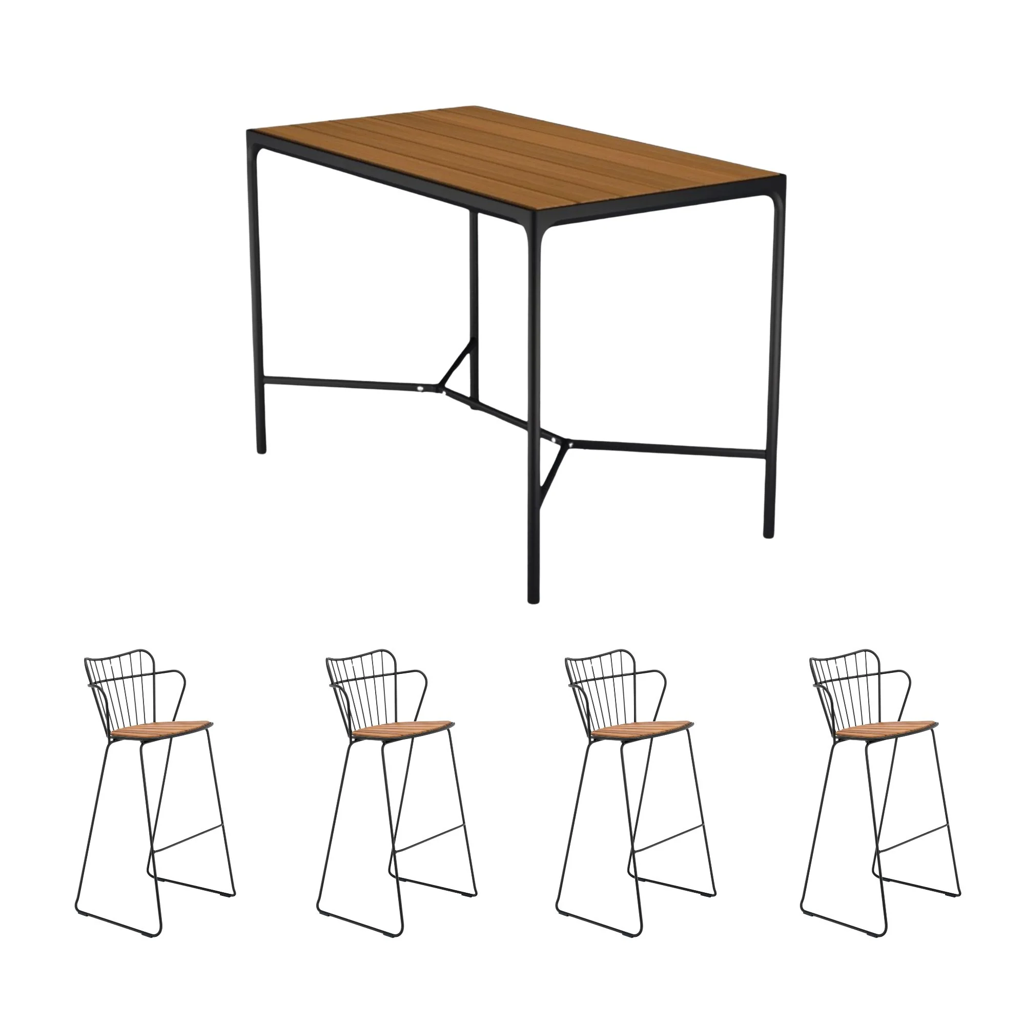 Houe - Four Square Bamboo/Black Bar Table (160cm) with 4 Paon Bar Chairs - Bamboo & Black