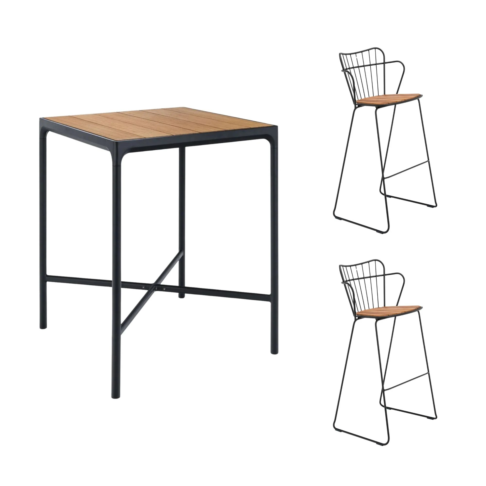 Houe - Four Square Bamboo/Black Bar Table (90cm) with 2 Paon Bar Chairs - Bamboo & Black