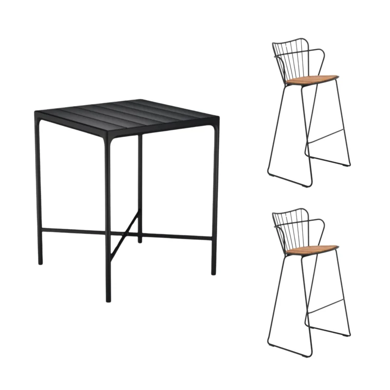 Houe - Four Square Black Bar Table (90cm) with 2 Paon Bar Chairs - Bamboo & Black