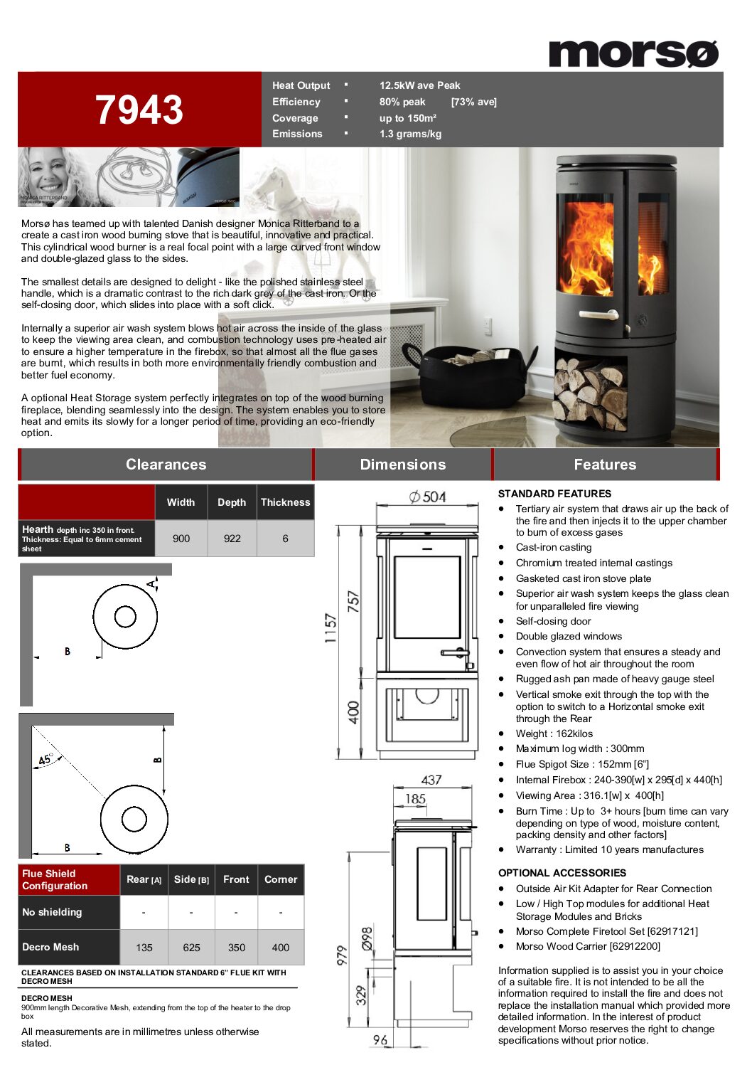 Morso - Wood Heater - 7970 Wall Mounted - 12-15sq - Image 2