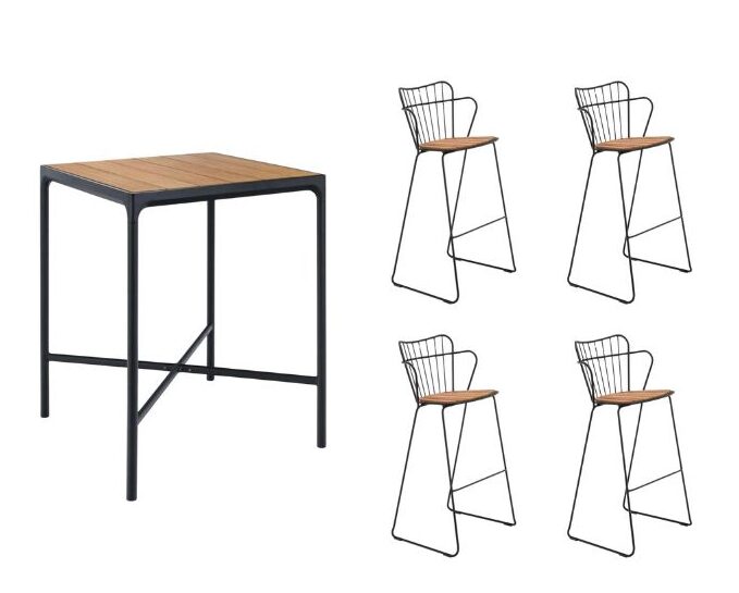 Houe - Four Square Bamboo/Black Bar Table (90cm) with 4 Paon Bar Chairs - Bamboo & Black